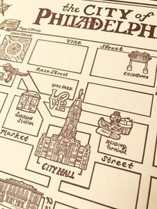 Illustrated Map of Philadelphia - 11 x 14 inch Letterpress Print