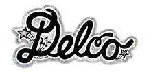 A sticker with the word 'DELCO' in bold, decorative lettering, surrounded by star  designs on a glitter background.