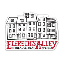 A die-cut sticker featuring a black line art illustration of Elfreth's Alley buildings in Philadelphia, with the words 'ELFRETH'S ALLEY' in large red letters and 'PHILADELPHIA * PENN.' in smaller black text below.