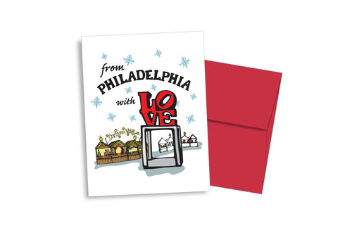 Greeting card with 'From Philadelphia with Love' text and illustration of Love Park Christmas Village, featuring a red envelope.