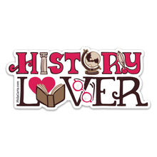 A die-cut sticker with the words 'HISTORY LOVER' in stylized lettering, decorated with illustrations including a column, globe, feather quill, open book, heart, and eyeglasses. The brand name 'Phila Carta".