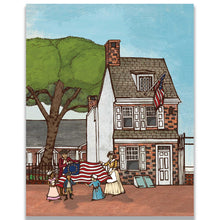 Illustration of the Betsy Ross House with an American flag 