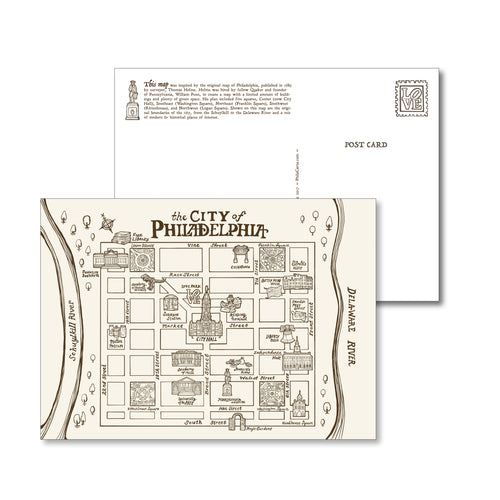 Philadelphia Illustrated Map Postcard - Center City Neighborhood - 5 x 7 inch postcard