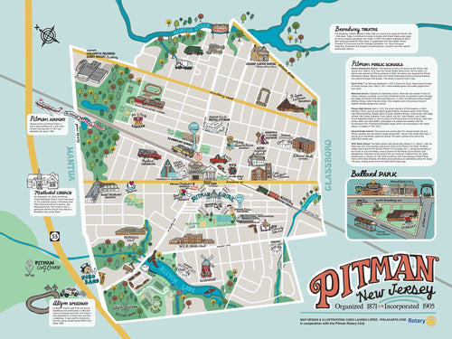 Illustrated street map of Pitman, New Jersey with whimsical drawings of landmarks and historical facts.