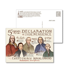 Illustrated postcard of five signers of the Declaration of Independence buried at Christ Church Burial Ground, with portraits and historical details.
