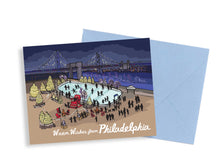 Greeting card with illustration of a Philadelphia ice skating rink and envelope