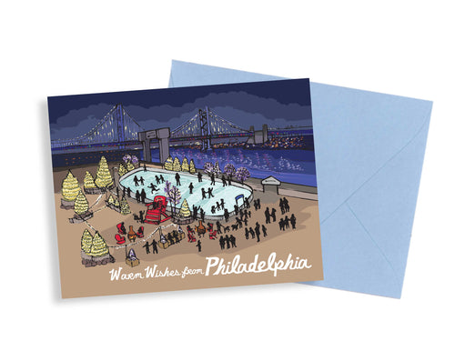 Greeting card with illustration of a Philadelphia ice skating rink and envelope