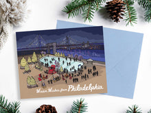 Philadelphia Christmas card with ice skating scene, Ben Franklin bridge and envelope.