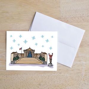 Philadelphia Holiday card - Rocky statue in front of Philadelphia Museum of Art - folded card with matching shimmer pearl envelope