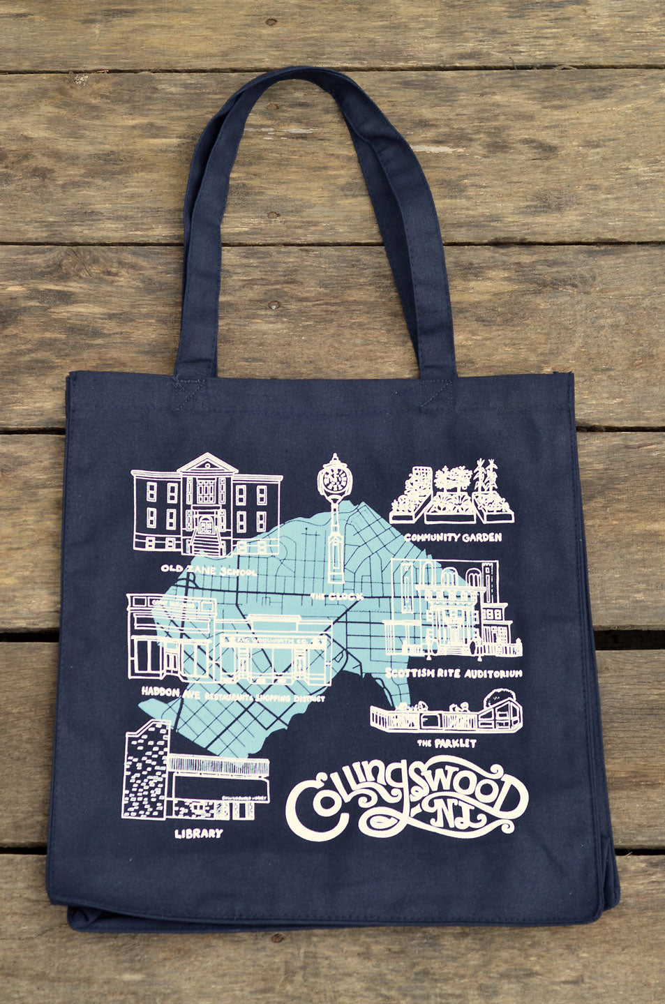 Collingswood New Jersey Tote Bag with map and illustrations of popular landmarks - Navy Blue tote Bag, with white and light blue screen printing ink