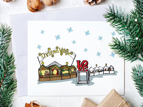Philadelphia Holiday Card - Love Park Christmas Village - folded card with shimmer pearl envelope