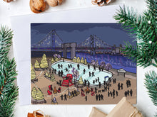 Philadelphia Holiday Card - Winterfest Ice Skating Rink in front of Ben Franklin Bridge - Original illustration professionally printed on 110 lb cardstock with matching shimmer Pearl Envelope