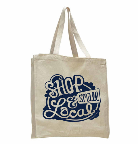 Natural Canvas tote bag with navy blue, hand lettered text saying 