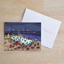 Philadelphia Holiday Card - Winterfest Ice Skating Rink in front of Ben Franklin Bridge - folded Christmas card with shimmer pearl envelope