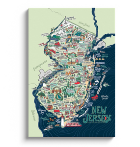 New Jersey hand drawn Illustrated Map on Large Gallery Wrapped Canvas - 24 x 36 inches